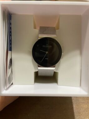 Skagen Silver Mesh Watch with Black Dial